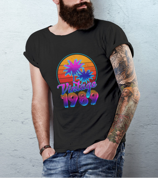 Vintage 1989 Retro 80s Palm Sunset Birthday T-Shirt