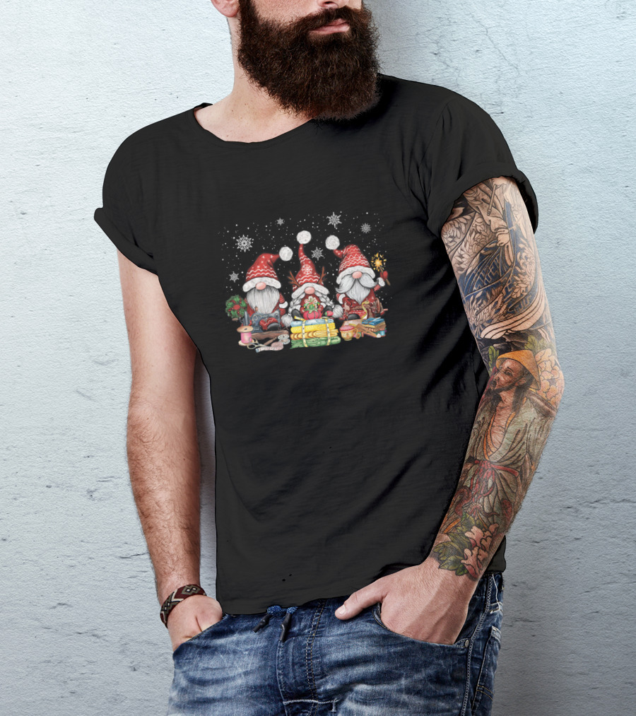 Sewing Gnomes Three Quilting Gnomies Festive Holiday Snowflakes And Crafting Supplies T-Shirt
