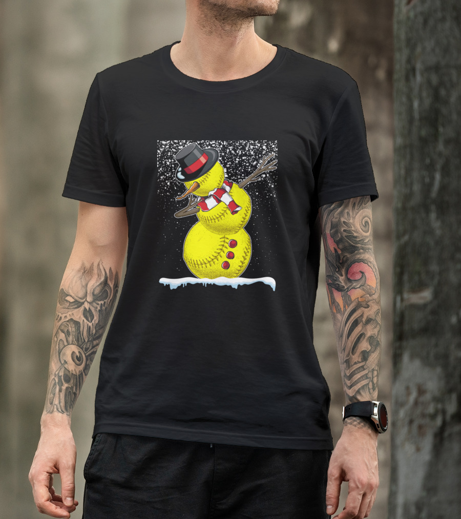Softball Snowman Funny Christmas Sport Training Snowflakes Hat Scarf T-Shirt