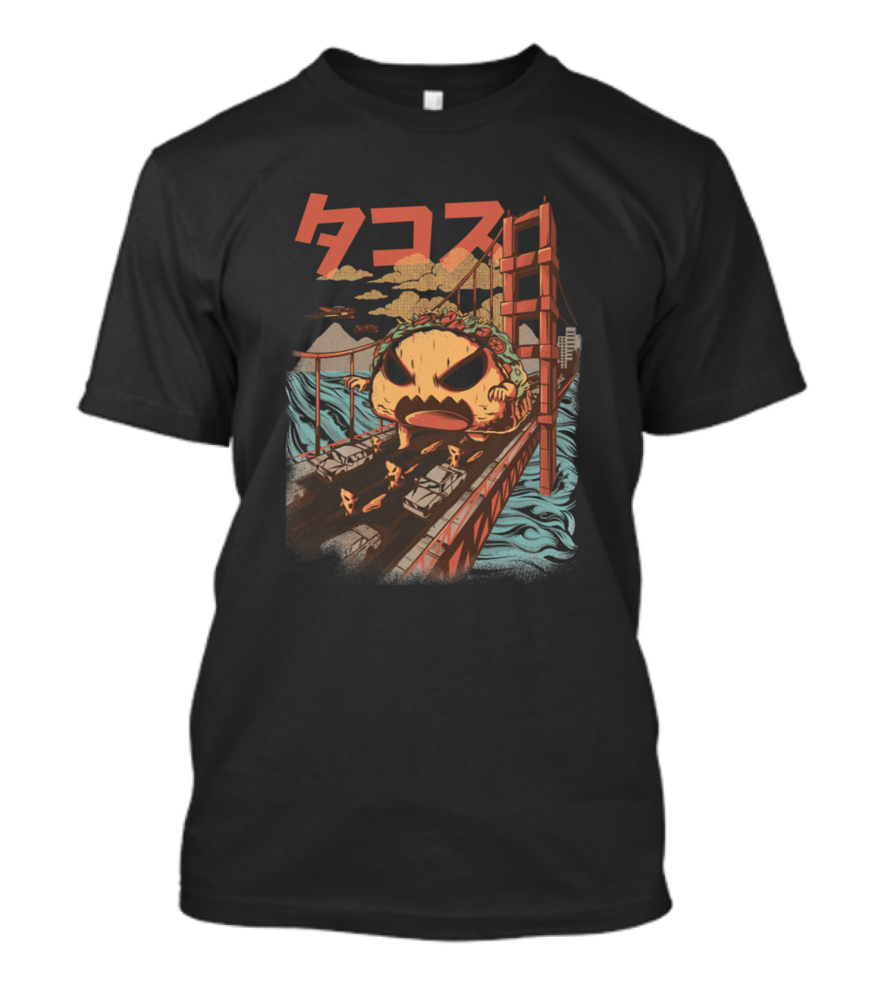 Takaiju Monster Taco Attacks Golden Gate Bridge With Tanks And Waves T-Shirt