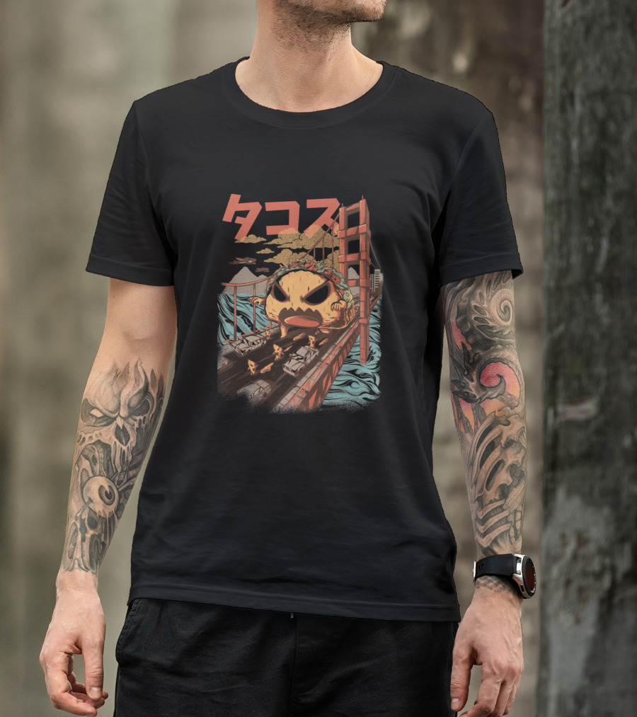 Takaiju Monster Taco Attacks Golden Gate Bridge With Tanks And Waves T-Shirt