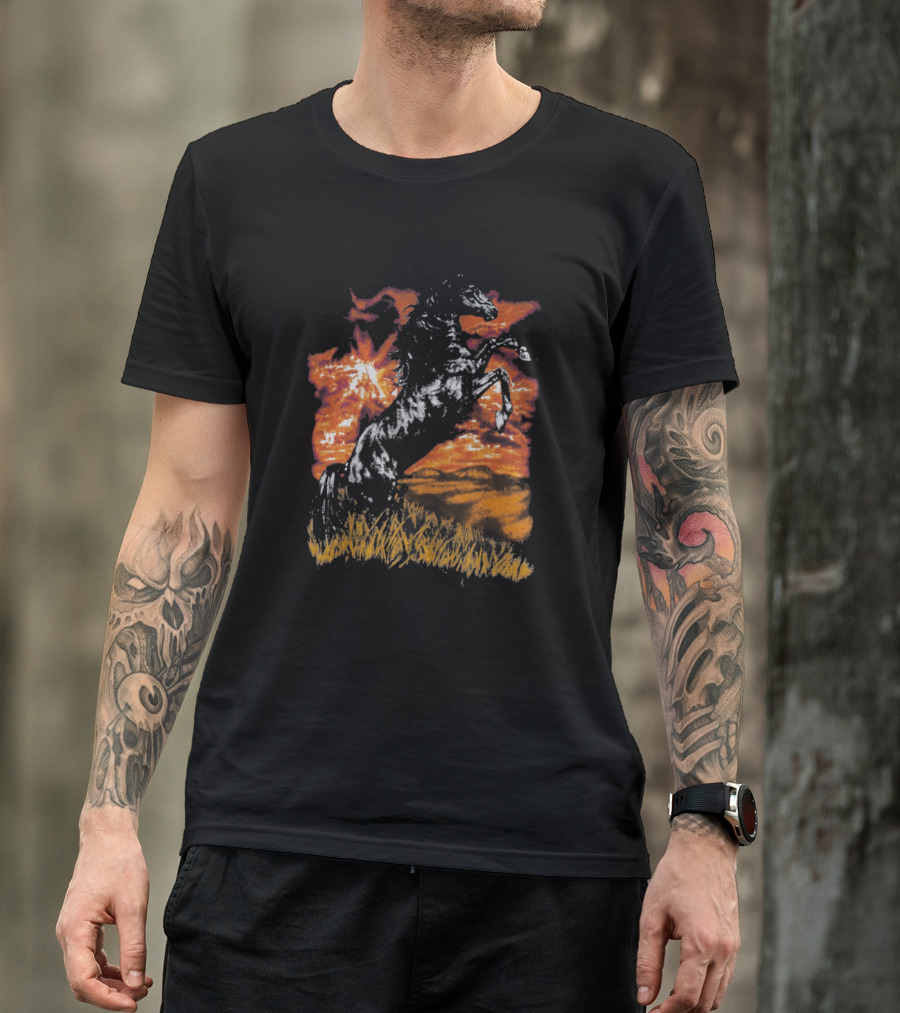 The Horse Rearing At Sunset In Fiery Landscape T-Shirt