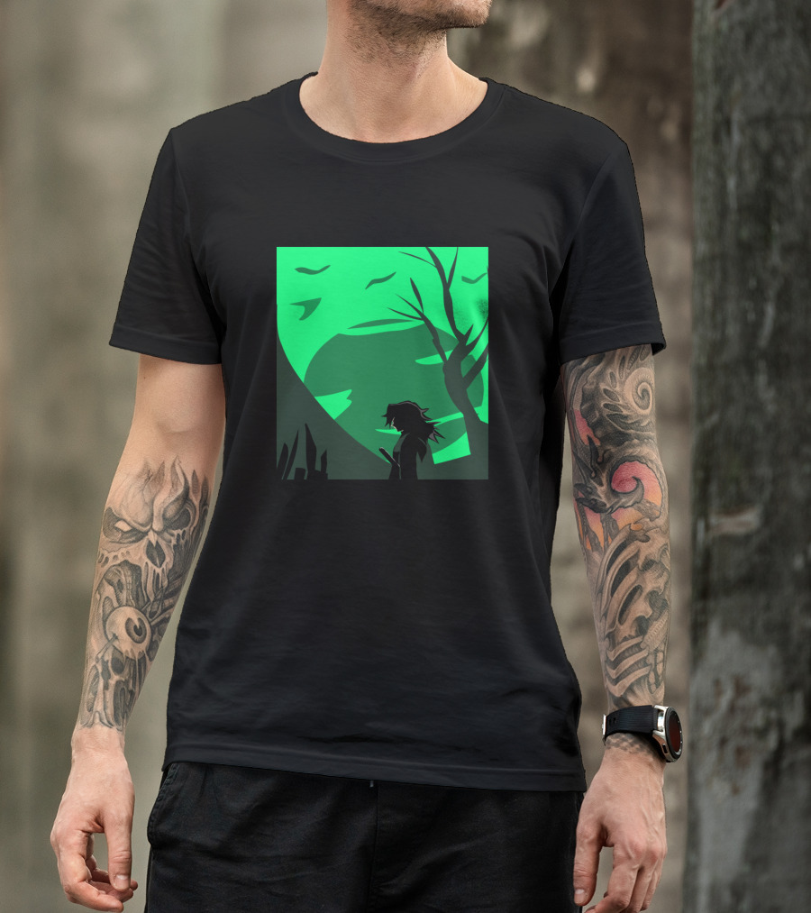 Tomioka Giyuu The Pillar Silhouette Against Green Forest Backdrop T-Shirt
