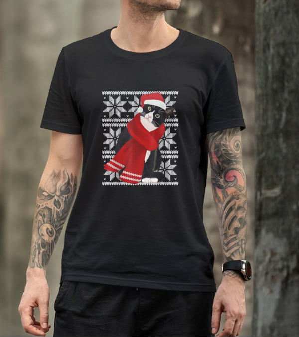 Ugly Christmas Black Cat Santa Hat Scarf Holiday Snowflake T-Shirt