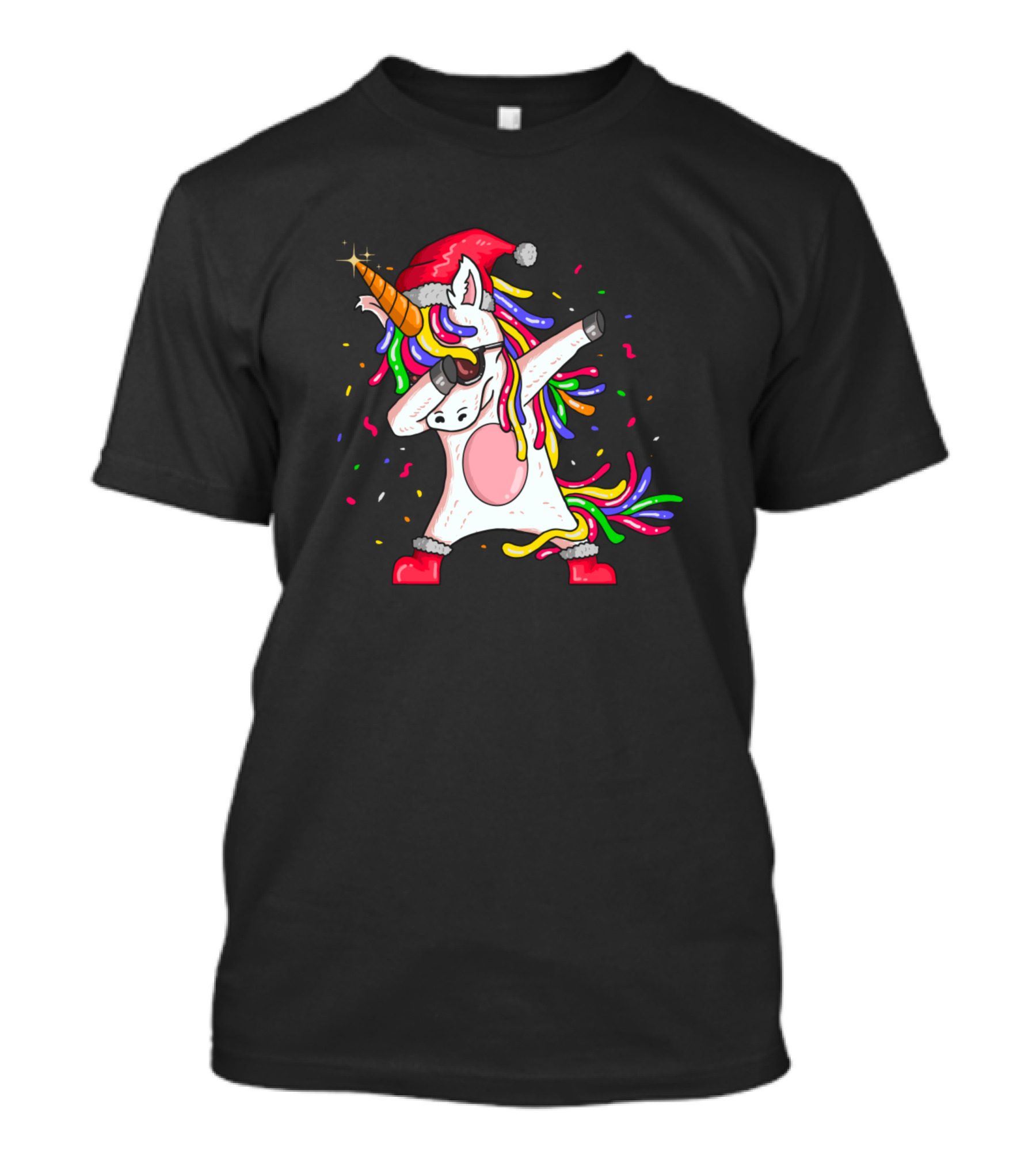 Unicorn Dabbing With Santa Hat And Colorful Confetti T-Shirt