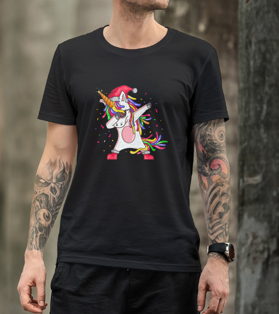 Unicorn Dabbing With Santa Hat And Colorful Confetti T-Shirt