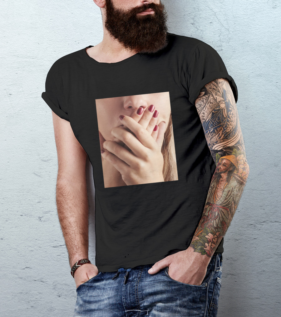 Woman Concealing Expression With Hands Over Mouth T-Shirt