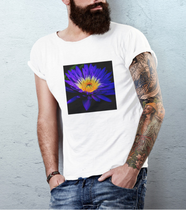 Blue Lily Vibrant Bloom Dark Background Essence T-Shirt