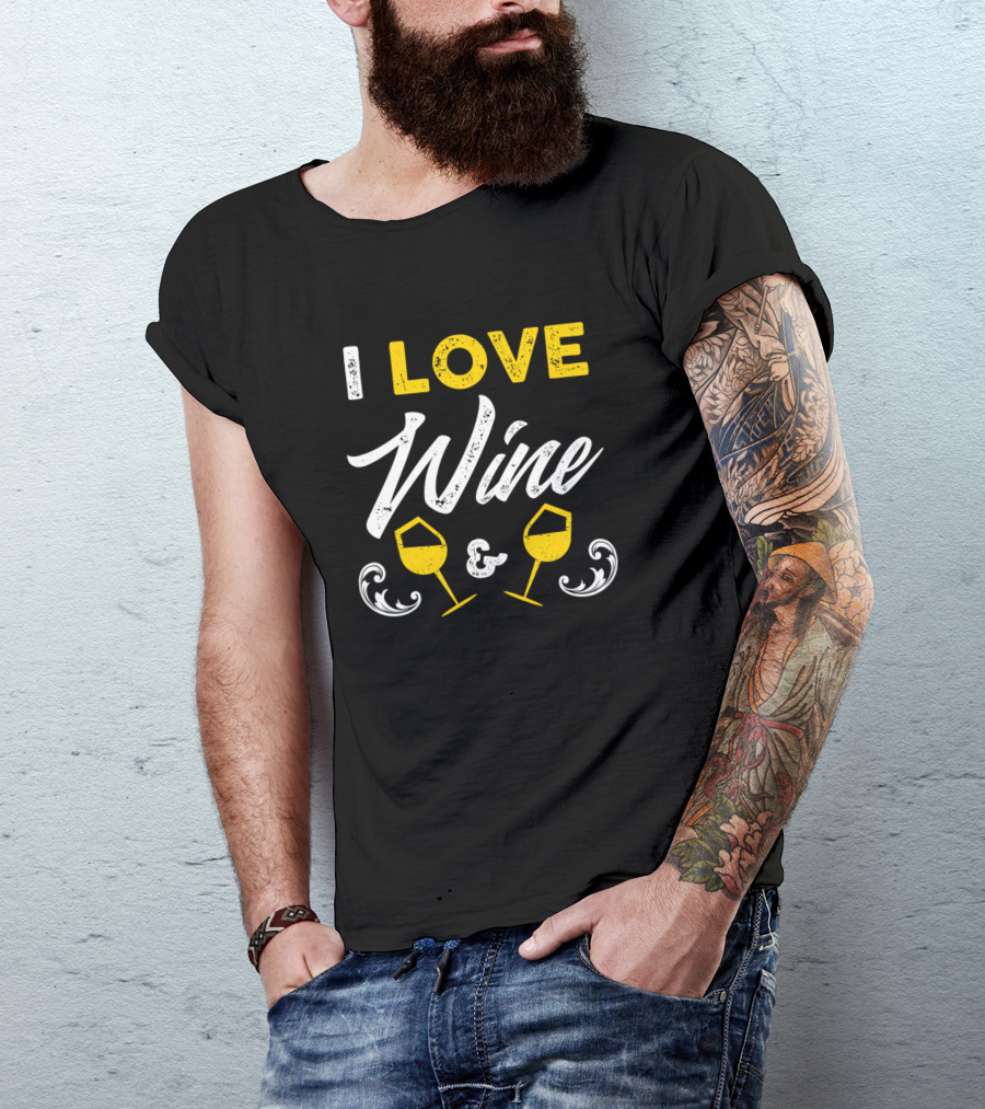I Love Wine And Wine Glasses Typography T-Shirt