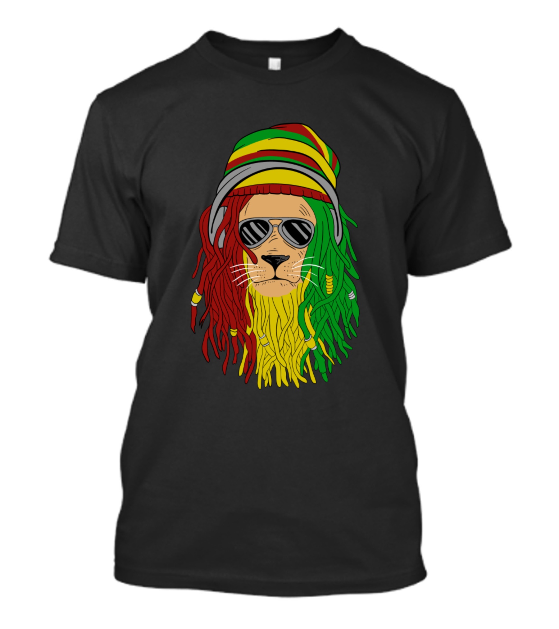 Lion With Dreadlocks And Rasta Colors Beanie Wearing Sunglasses T-Shirt