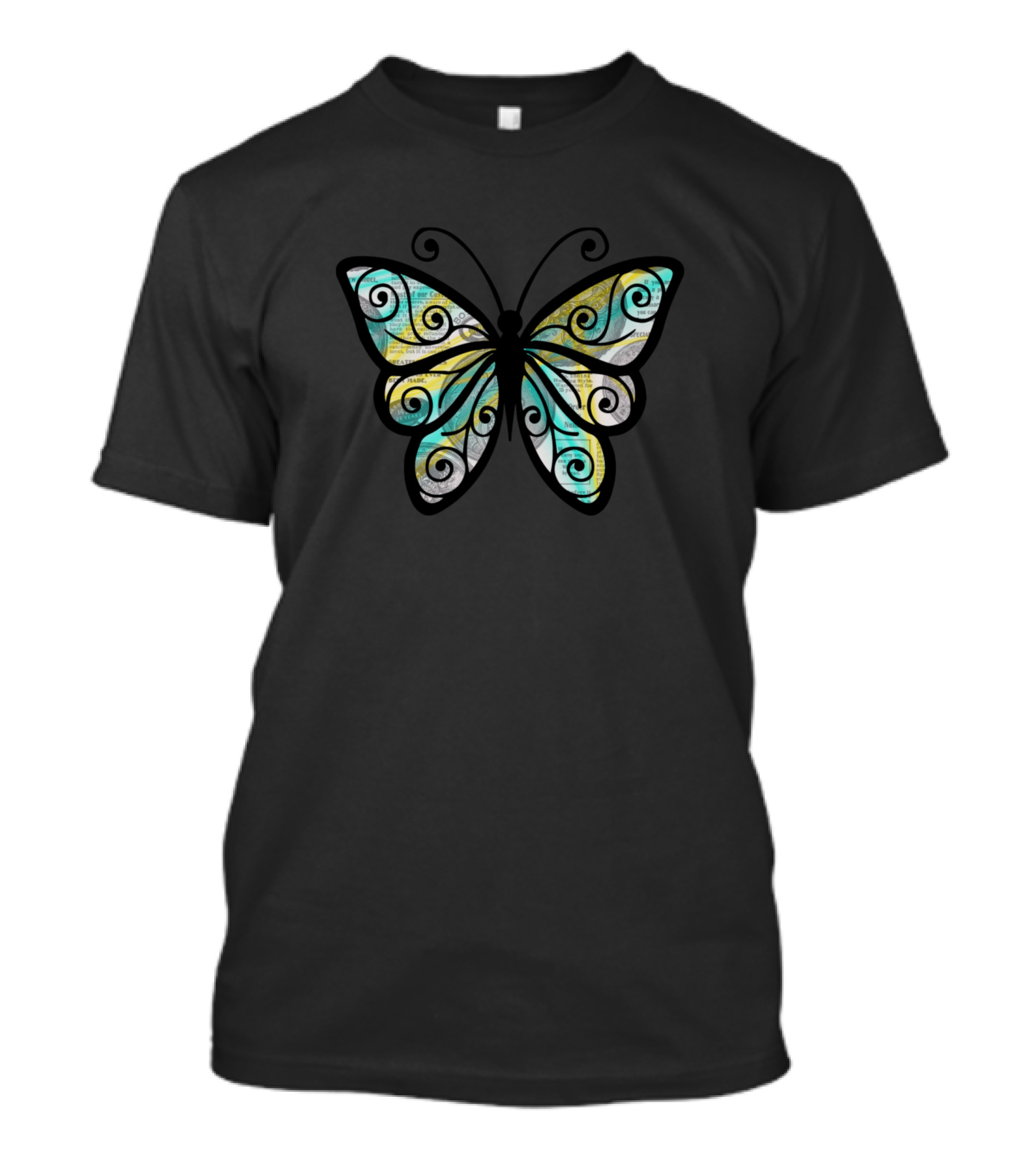 Butterfly With Swirled News Print T-Shirt