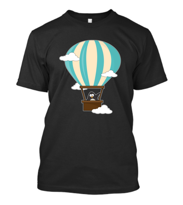 Penguin Flying In Striped Hot Air Balloon Among Clouds T-Shirt