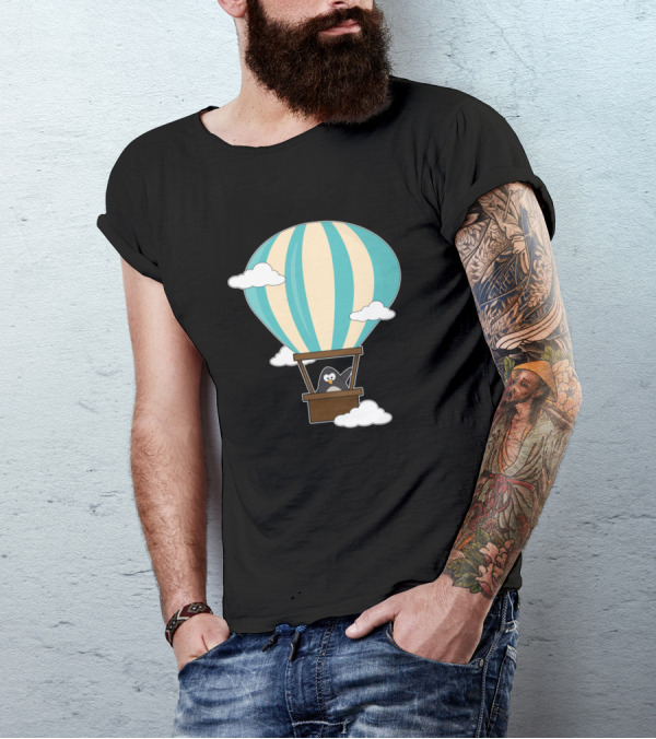 Penguin Flying In Striped Hot Air Balloon Among Clouds T-Shirt