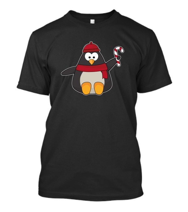Penguin Wearing Red Hat Scarf Holding Candy Cane T-Shirt