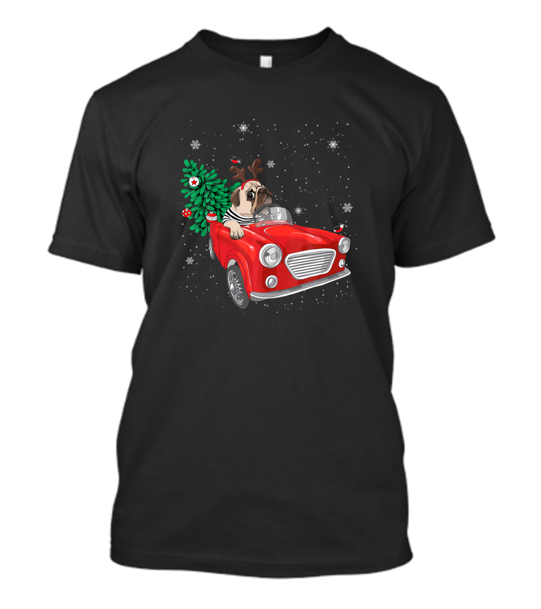Pug Dog Ugly Christmas Pug Lover Reindeer Antlers Red Car Snowflakes Holiday Scene T-Shirt
