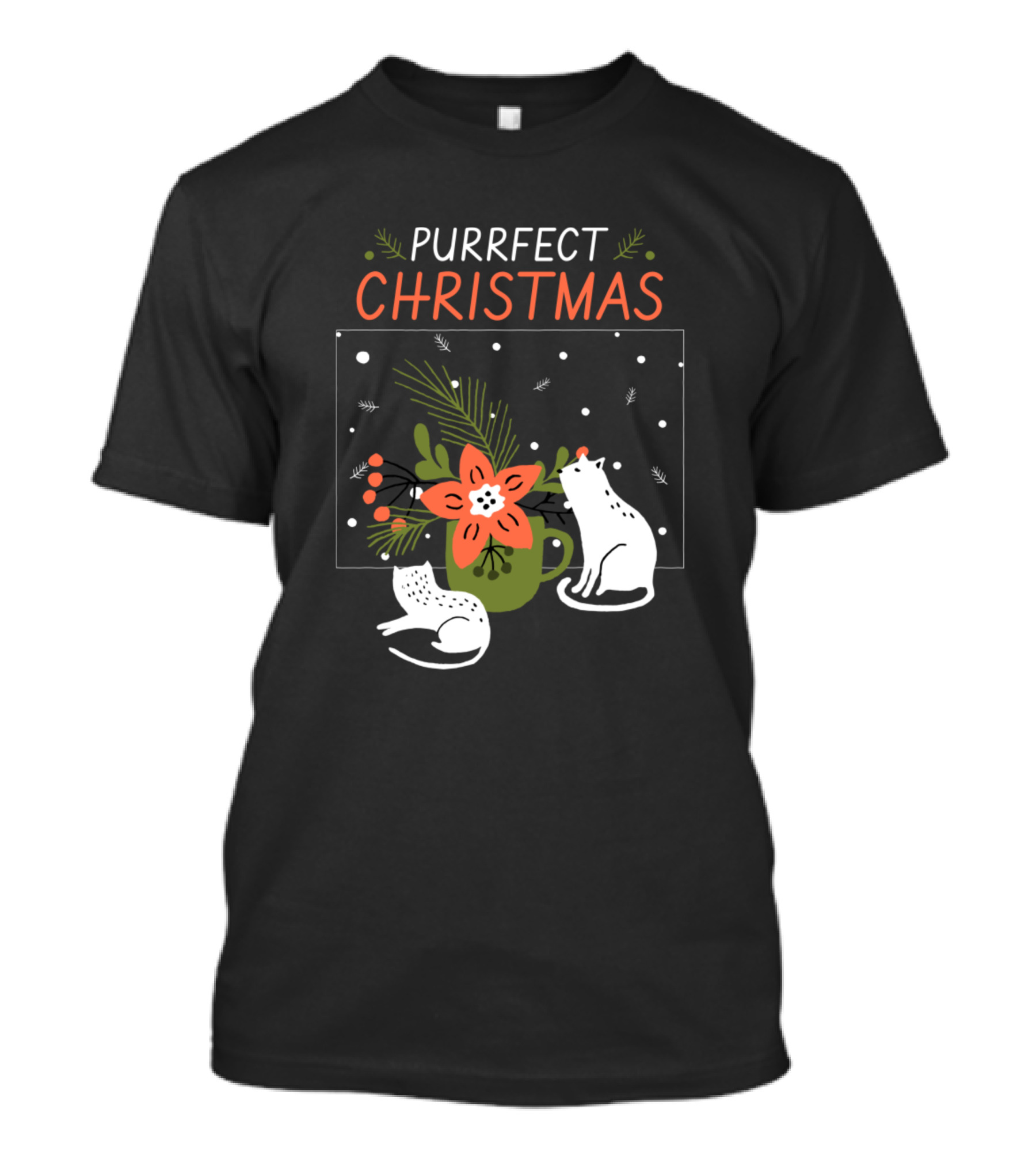 PURRFECT CHRISTMAS Cats With Festive Flowers And Snowflakes T-Shirt