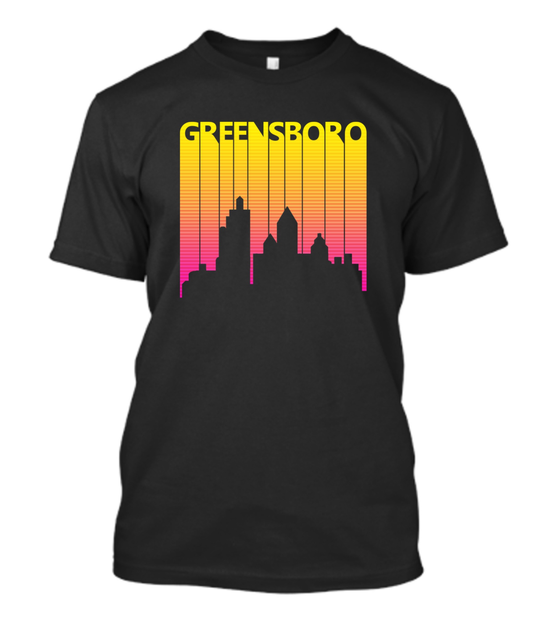 Greensboro 1980s Retro Skyline Sunset Stripes T-Shirt
