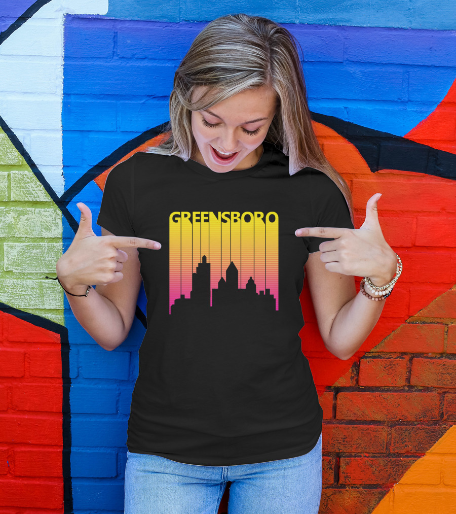 Greensboro 1980s Retro Skyline Sunset Stripes T-Shirt