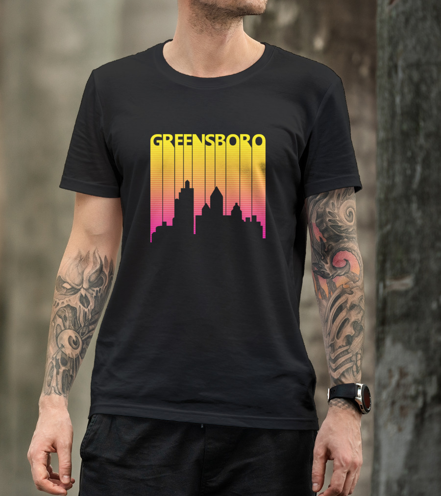 Greensboro 1980s Retro Skyline Sunset Stripes T-Shirt