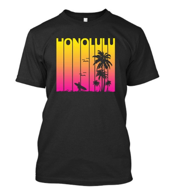 Honolulu Retro 1980s Sunset With Surfer And Palm Trees T-Shirt