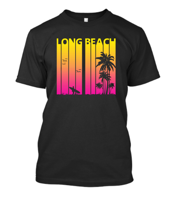 Long Beach 1980s Retro Sunset Skyline With Palms And Surfer T-Shirt