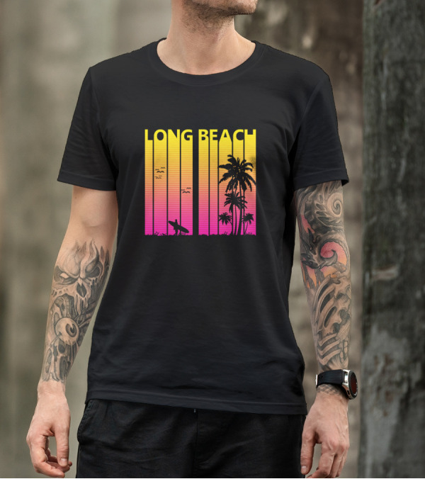 Long Beach 1980s Retro Sunset Skyline With Palms And Surfer T-Shirt