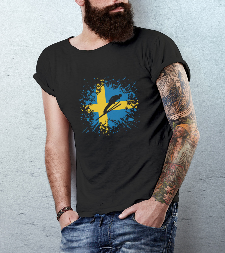 Ski Jumper Sweden Winter Sports Flag Splash T-Shirt