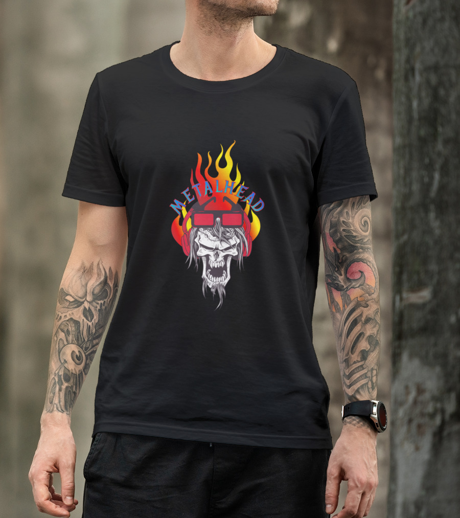 Metalhead Skull Head In Flame T-Shirt