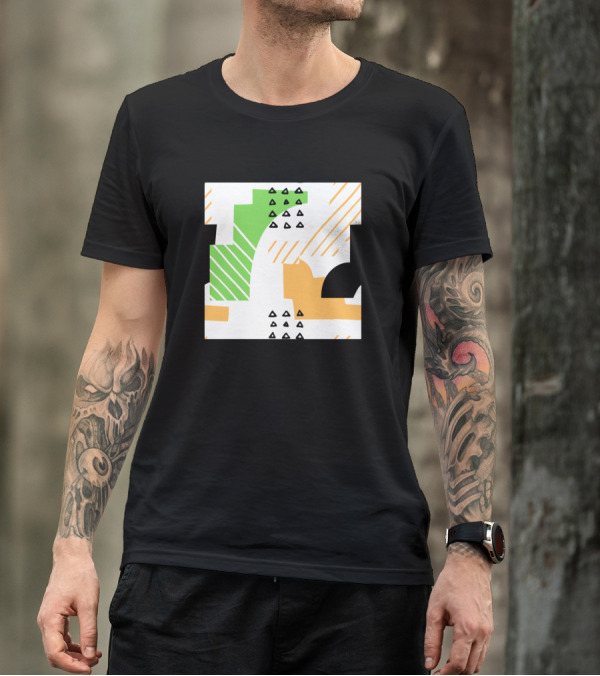 Stripped Shaped Patterns Geometric Abstract Triangles Green Orange Black T-Shirt