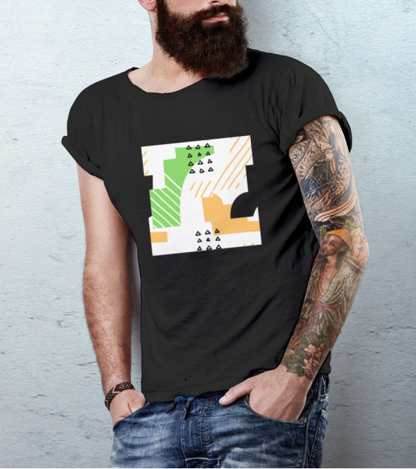 Stripped Shaped Patterns Geometric Abstract Triangles Green Orange Black T-Shirt
