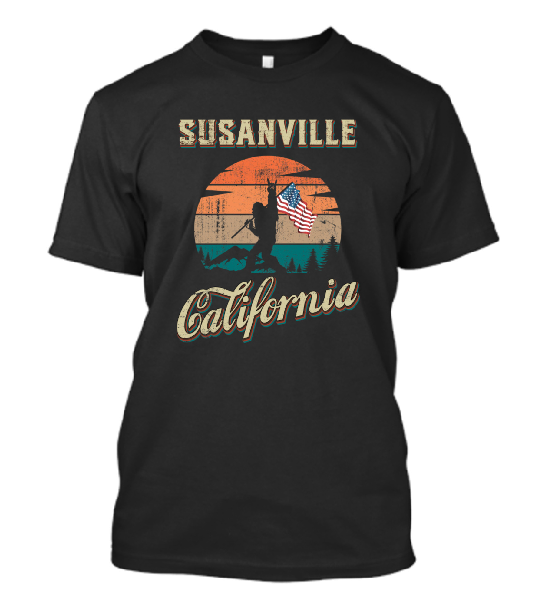 Susanville California Vintage American Flag And Lumberjack Silhouette Pines Sunburst T-Shirt