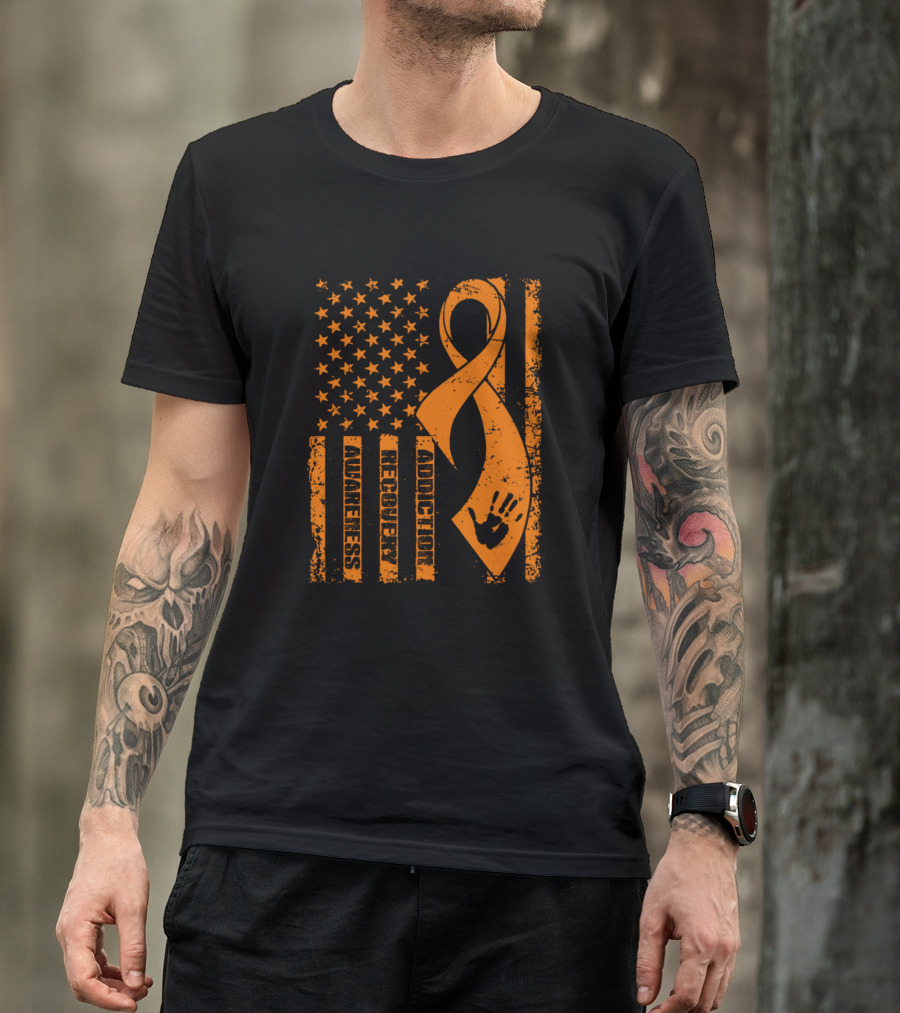 Addiction Awareness Recovery Flag Ribbon And Handprint T-Shirt