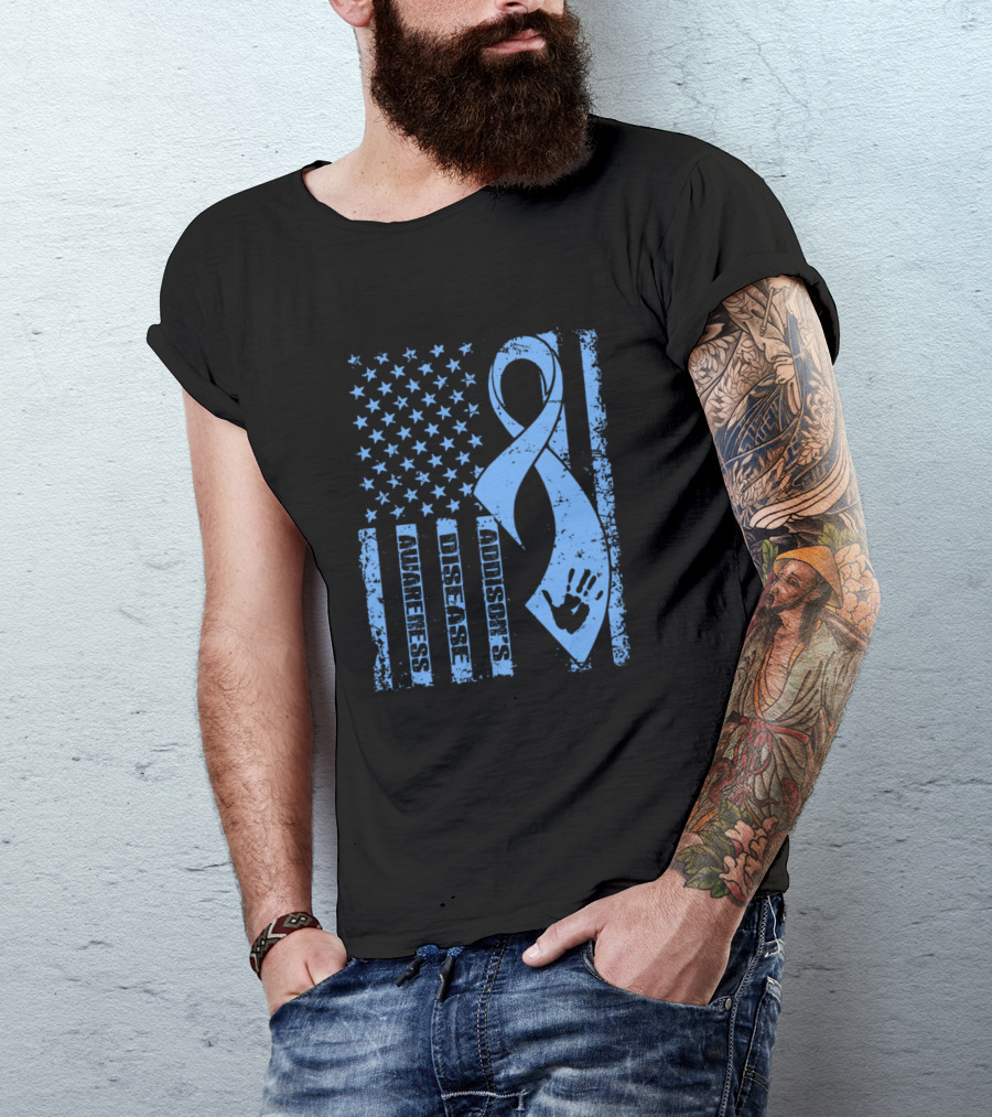 Addisons Disease Awareness American Flag Blue Ribbon Handprint T-Shirt