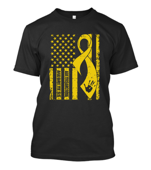 Adenosarcoma Awareness Flag Yellow Ribbon Handprint American Flag T-Shirt