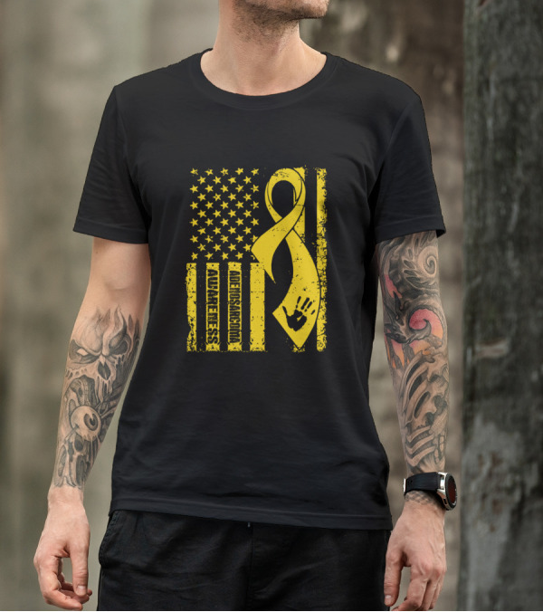 Adenosarcoma Awareness Flag Yellow Ribbon Handprint American Flag T-Shirt