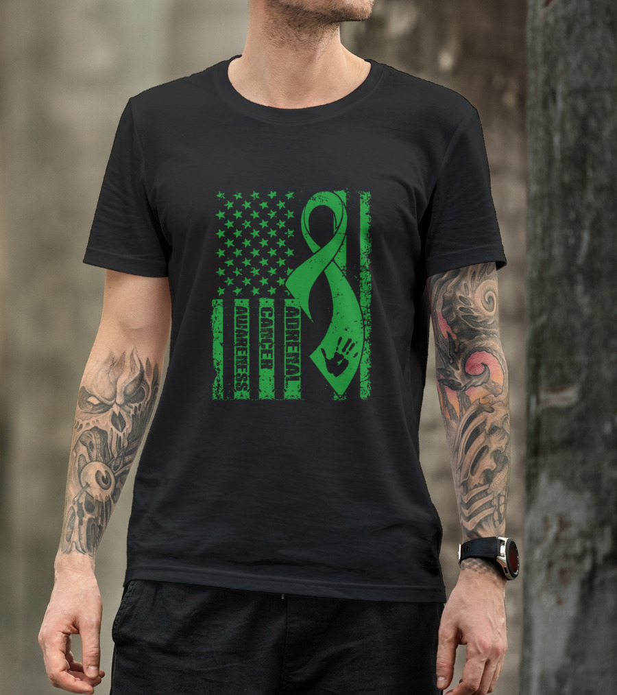 Adrenal Cancer Awareness Green Ribbon Flag T-Shirt