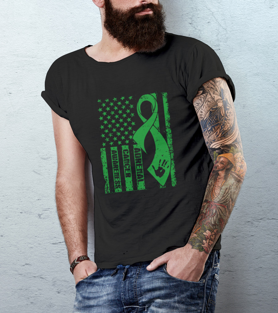 Adrenal Cancer Awareness Green Ribbon Flag T-Shirt