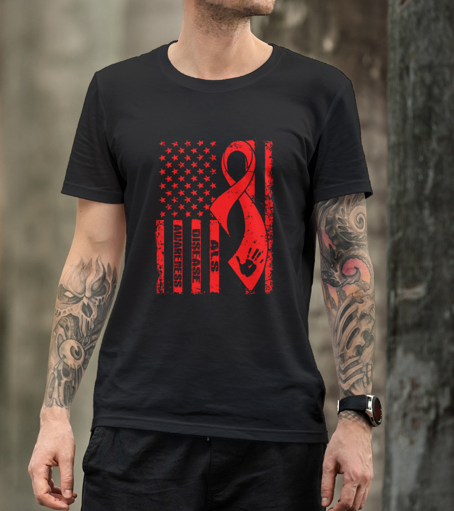 ALS Awareness Disease Flag Red Ribbon T-Shirt