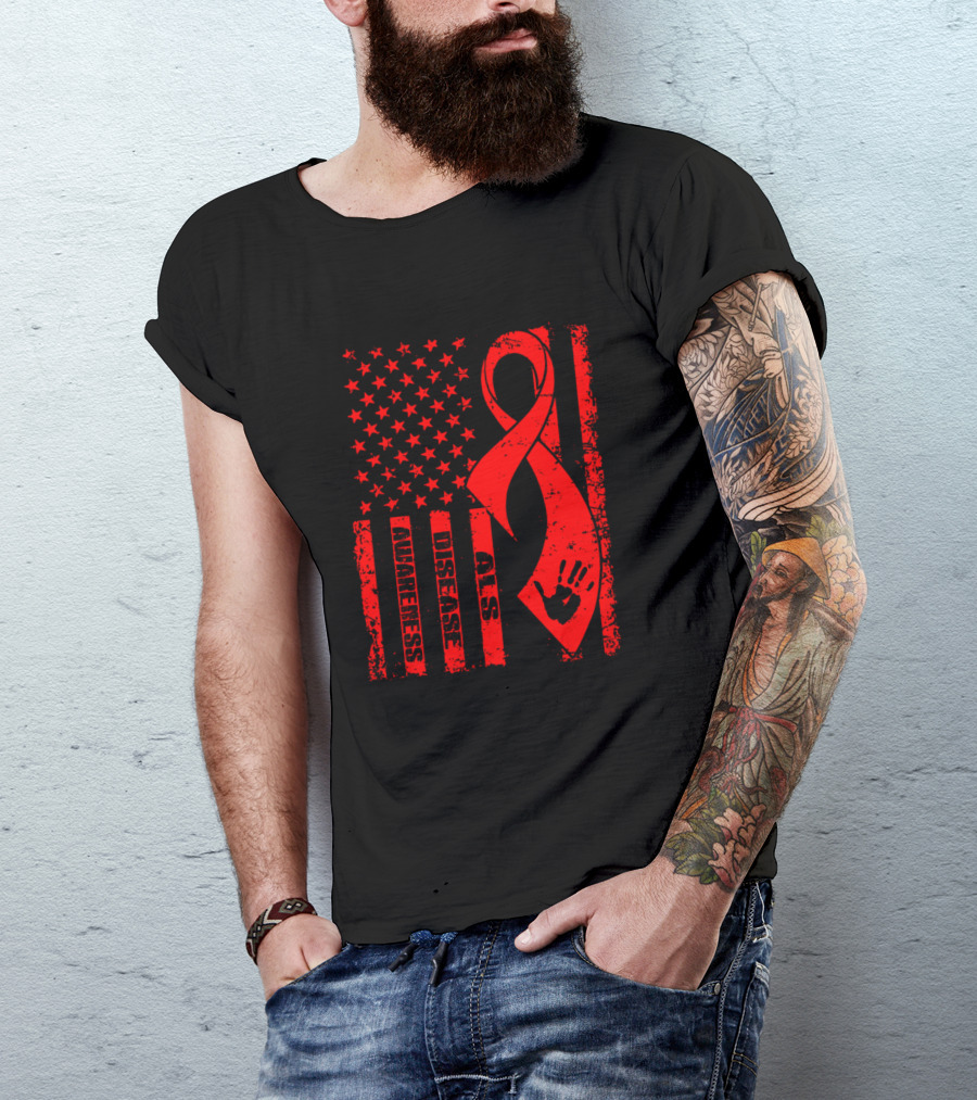 ALS Awareness Disease Flag Red Ribbon T-Shirt