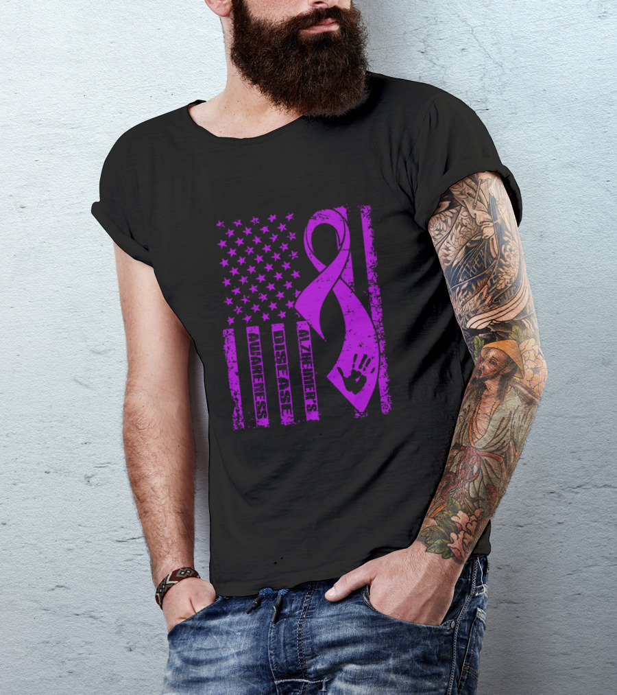 Alzheimers Disease Awareness Purple Ribbon Flag With Handprint T-Shirt