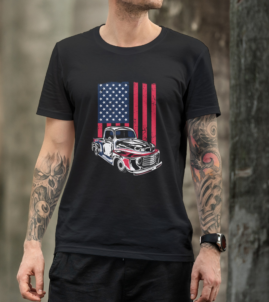 American Classic Car Vintage Patriotic Flag Truck T-Shirt