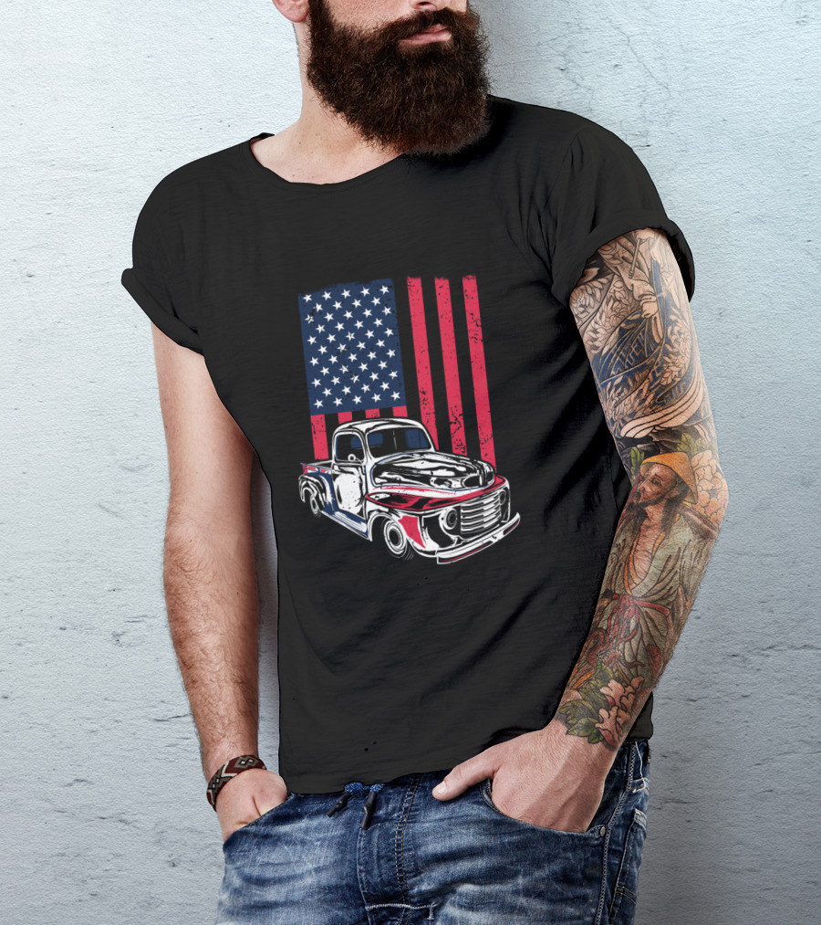 American Classic Car Vintage Patriotic Flag Truck T-Shirt
