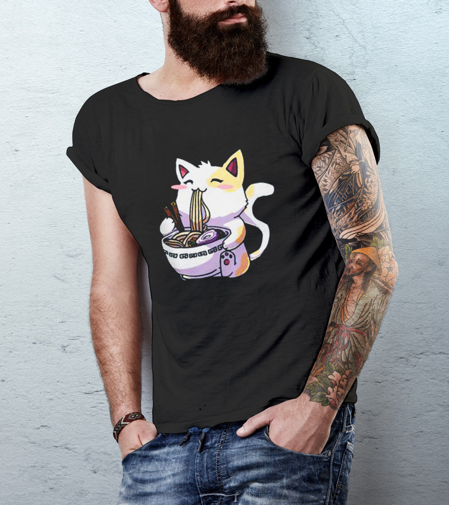 Anime Ramen Cat Eating Noodles Kawaii T-Shirt