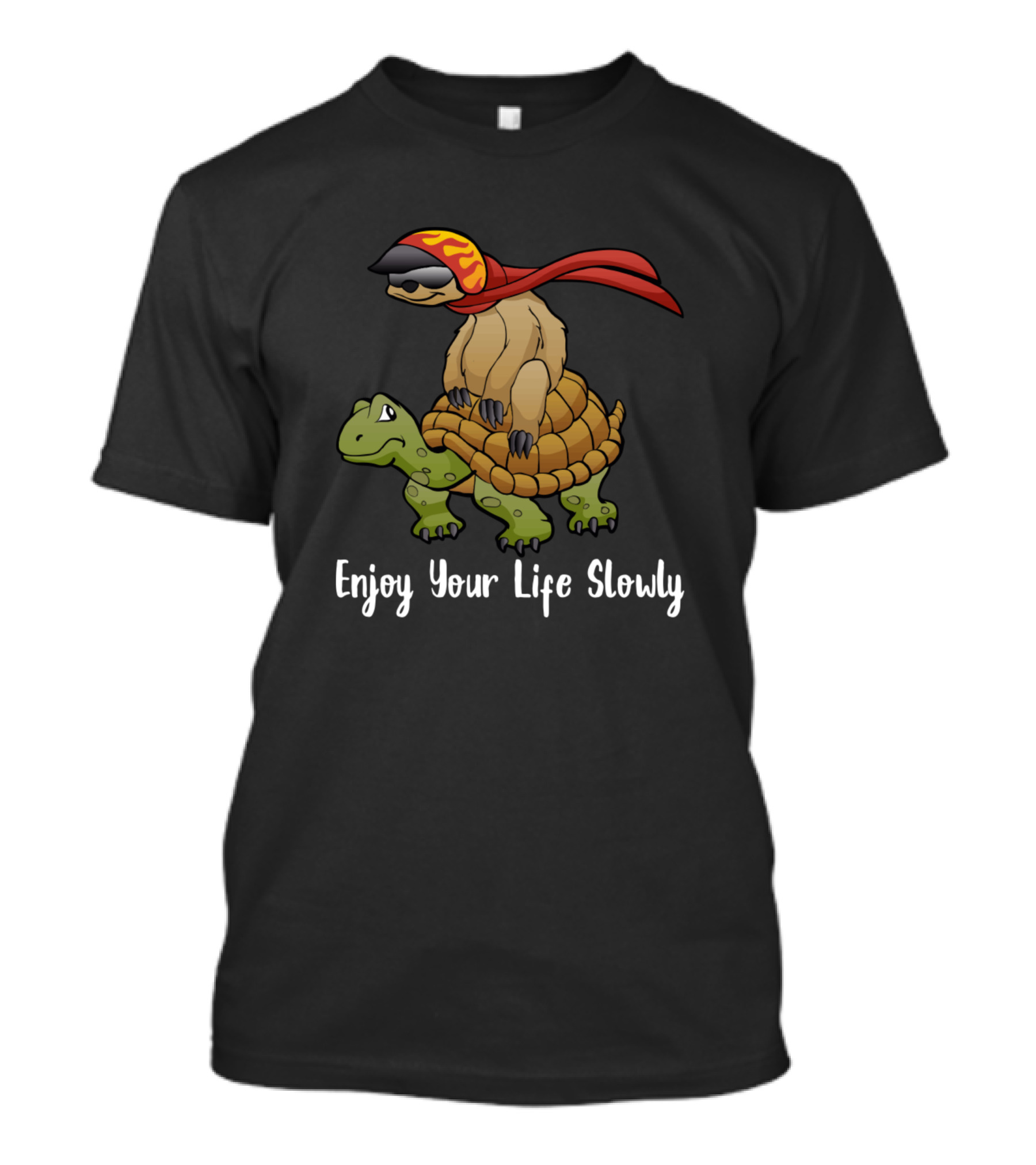 Enjoy Your Life Slowly Sloth Riding Turtle With Red Cape And Helmet T-Shirt