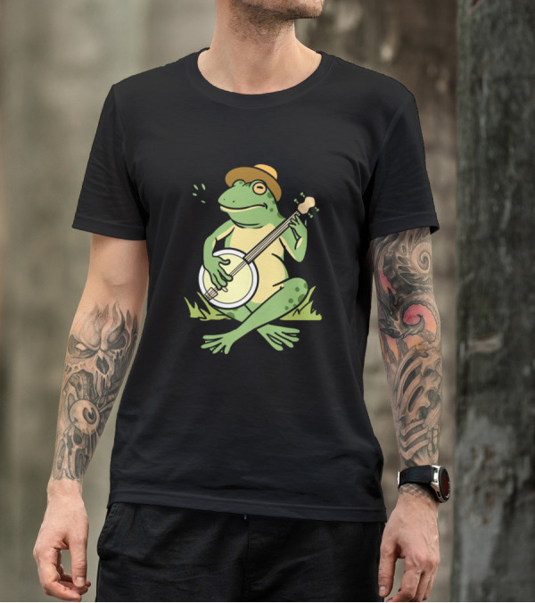 Frog Playing Banjo Wearing Hat Sitting On Grass T-Shirt