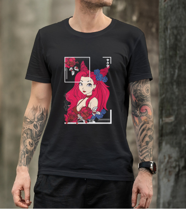 Japanese Yakuza Anime Girl With Red And Blue Flowers T-Shirt