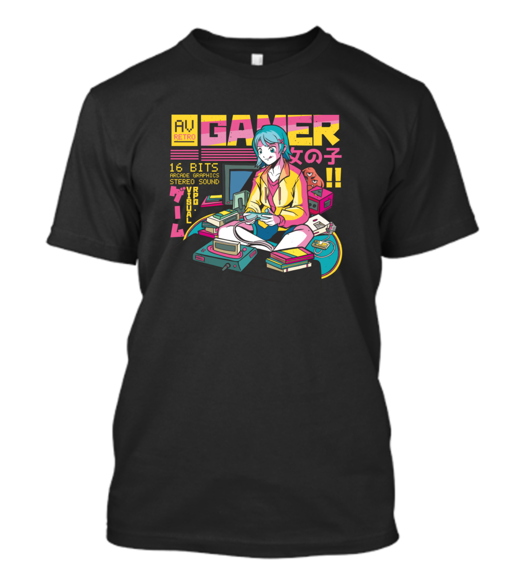 Retro AV Gamer 16 Bits Arcade Graphics Stereo Sound Kawaii Anime Girl T-Shirt
