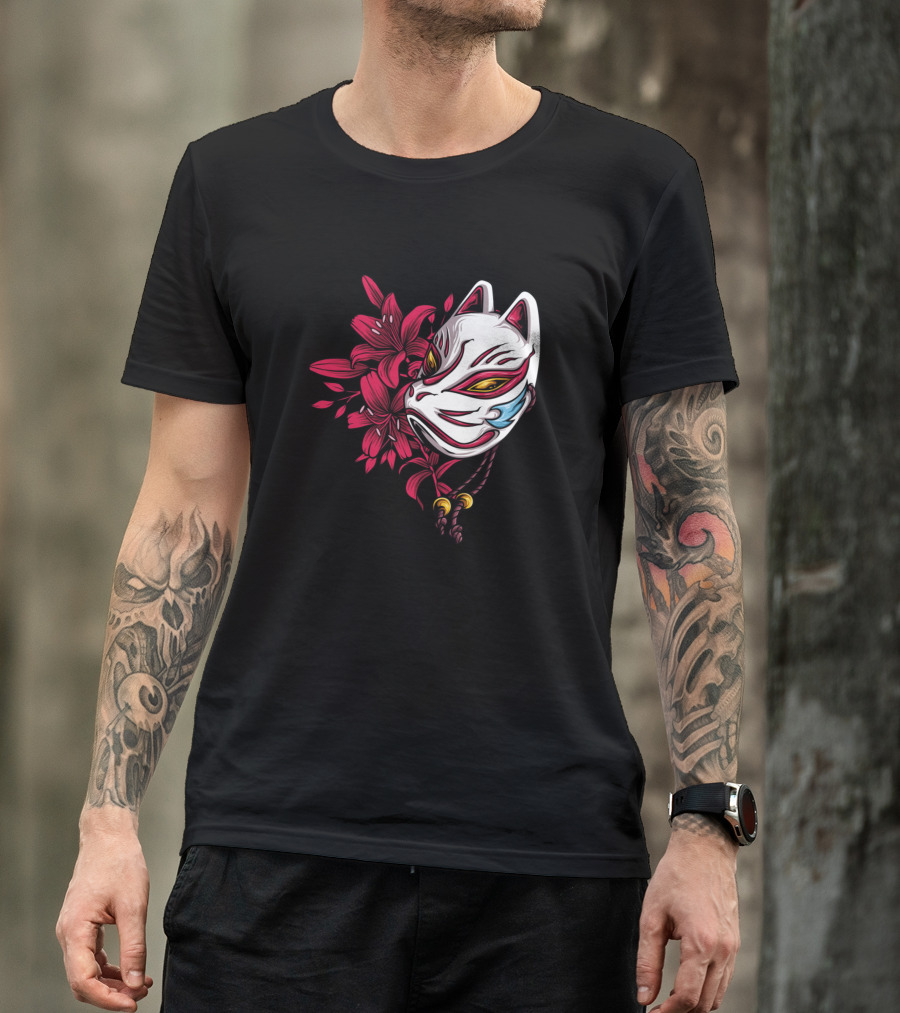 Japanese Kitsune Mask With Red Floral Blossoms T-Shirt