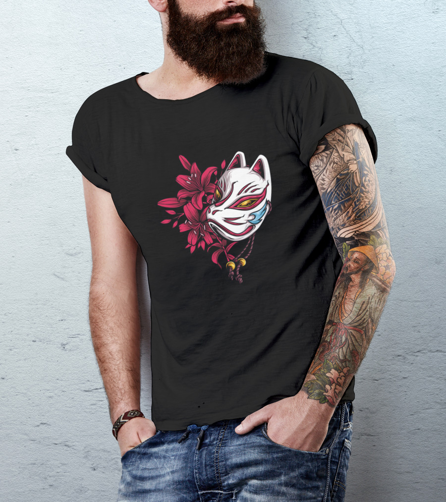 Japanese Kitsune Mask With Red Floral Blossoms T-Shirt