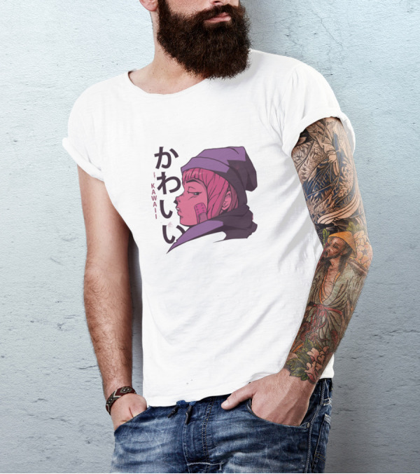 Kawaii Japanese Girl Anime Waifu Kanji Black Beanie Moon T-Shirt